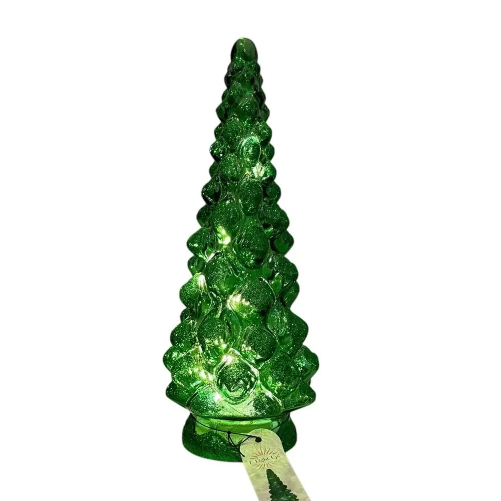 Illuminated Green Glitter Glass Christmas Tree 15.5in Chic Holiday Decor New